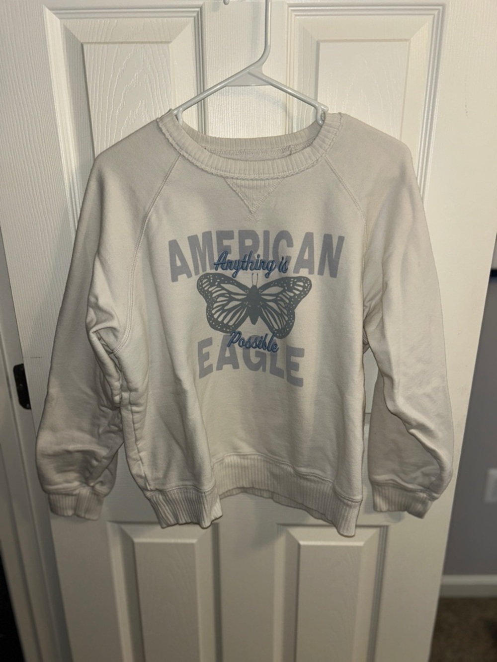 American Eagle Outfitters Cream Crewneck Sweater with Butterfly Graphic